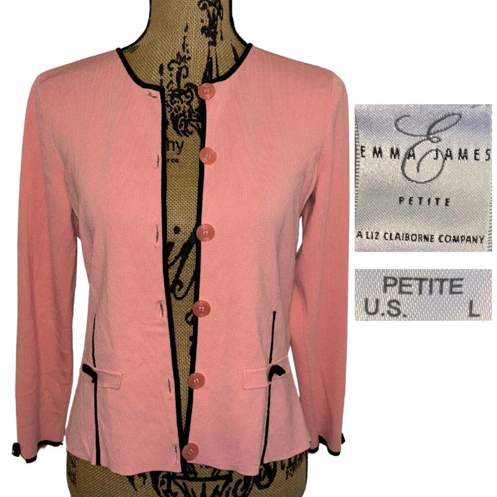 Vintage Emma James Cardigan Pink Black Petite Size Large Coquette Office Siren